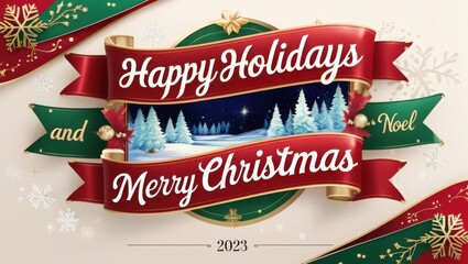 A vibrant and joyful artwork featuring a bold, red and green striped banner adorned with golden accents, proudly displaying the festive message "Happy Holidays and Merry Christmas" in playful, cursive