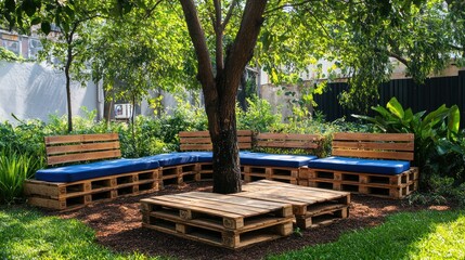 Obraz premium Pallet wood furniture set arranged around a tree in a garden.