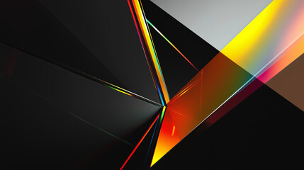 Fototapeta premium Moderne 3D-Komposition mit schwarzen geometrischen Formen, durchzogen von regenbogenfarbenen Akzenten. Abstrakte Gestaltung mit Tiefenwirkung