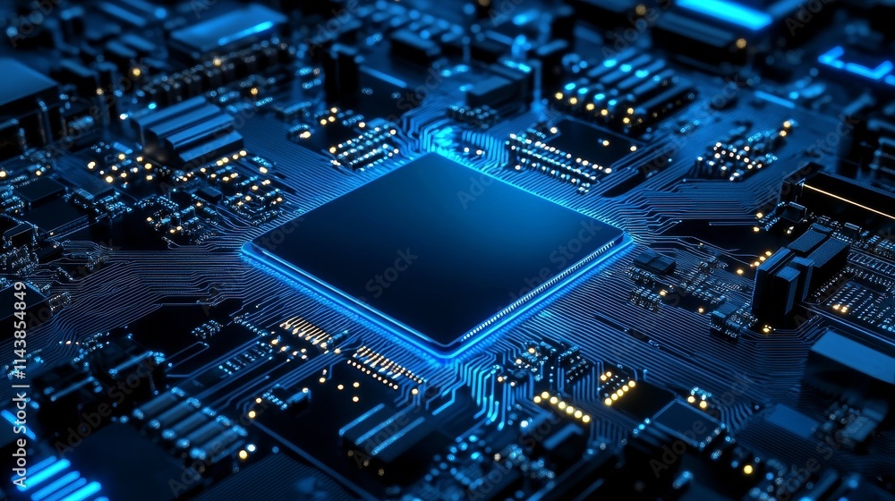 Poster a close-up view of a computer circuit, futuristic, background board with a central processing unit a