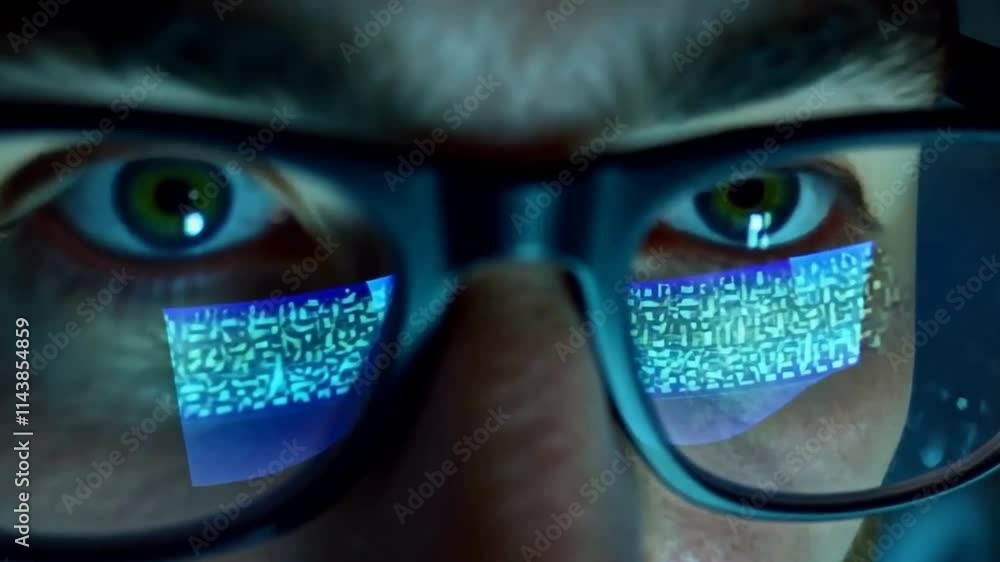 Poster a close-up of a man's face with glasses is shown. in the reflection on the lenses of the glasses, mu