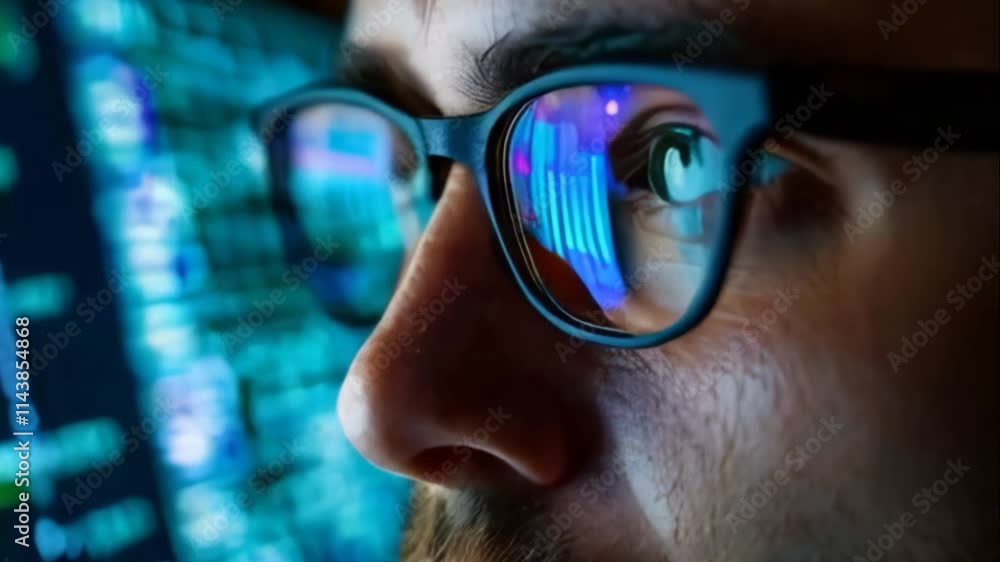 Poster a close-up of a man's face with glasses is shown. in the reflection on the lenses of the glasses, mu