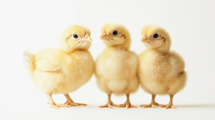Fototapeta premium Three fluffy yellow chicks stand together against a white background, capturing innocence, nature, and the joy of springtime