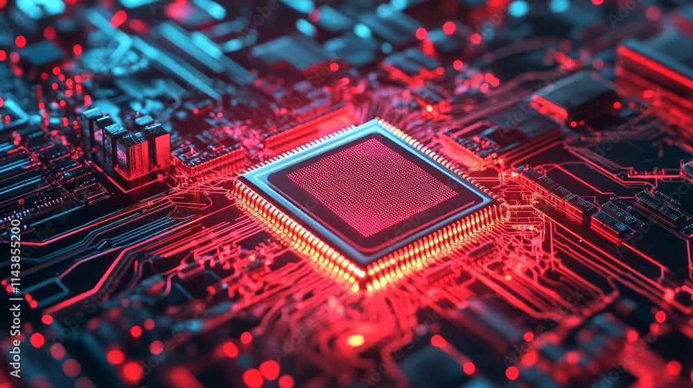 Aufkleber a close-up view of a microchip on a circuit, futuristic, background board with glowing red accents.