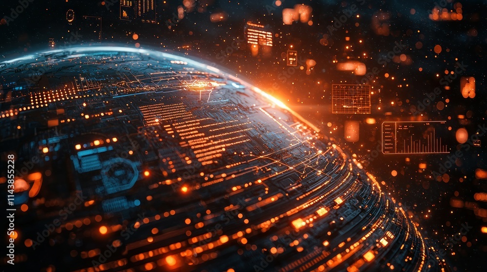 Poster futuristic digital globe with data visualization elements.