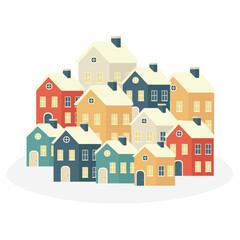 Minimalist isolated village with colorful houses. Vector illustration