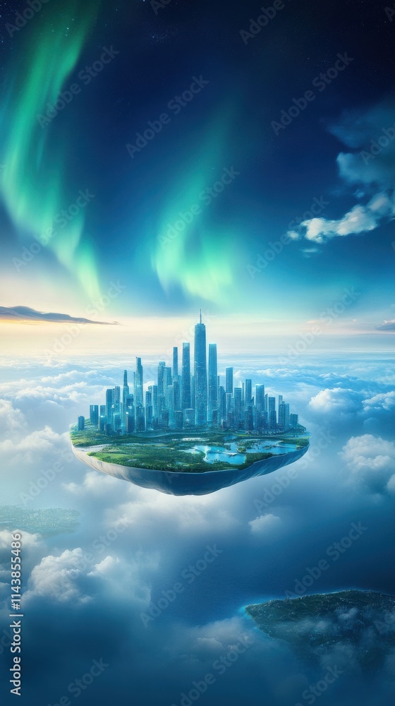 Poster futuristic floating city surrounded by clouds and aurora borealis in a dreamlike setting with lush g