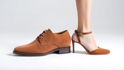 Woman showing her new mocha mousse elegant shoes and choosing between heels and flat shoes