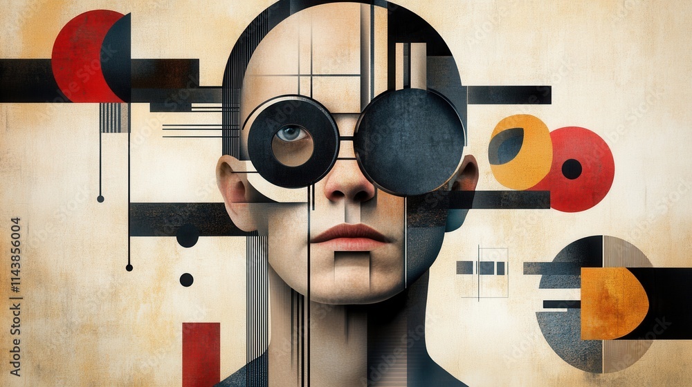 Aufkleber abstract portrait with geometric shapes and patterns, featuring a person with circular glasses and a