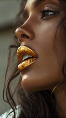 Elegant side profile of a woman showcasing shimmering golden lipstick and glowing skin, emphasizing natural beauty and metallic sophistication. Perfect for beauty and luxury themes.