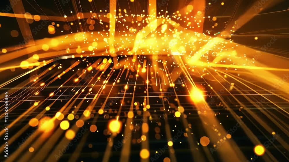Poster golden particles are flowing over a futuristic grid, creating bright light streaks and bokeh effect,