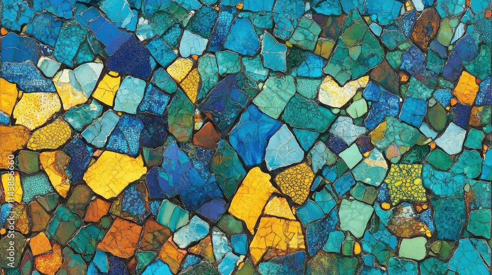 Aufkleber vibrant mosaic of blue and yellow tiles creating a stunning abstract background with textured patter