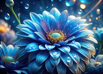 AI-generated macro reveals surreal blue flowers, glistening with fantasy dew, a floral dreamscape.