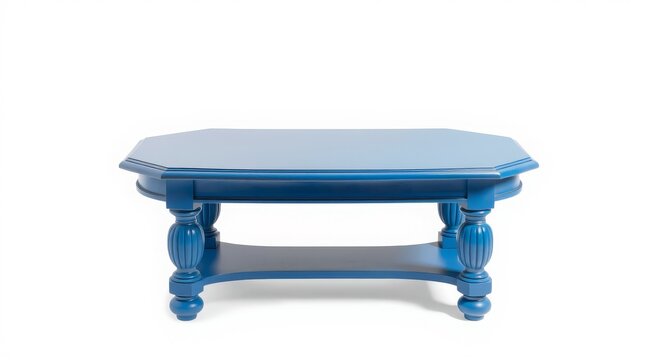 Blue octagonal coffee table with ornate turned legs and lower shelf in vintage style
