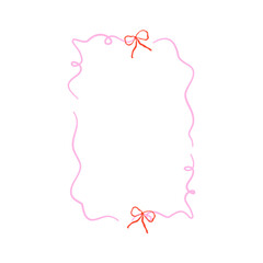 Whimsical coquette frame with bow and curly garland. Whimsical border pink coquette style. Vector illustration