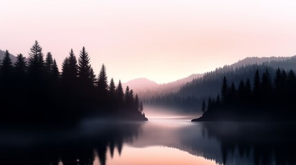 Fototapeta premium Tranquil sunrise over a serene lake surrounded by mountains and pine trees reflecting in calm water