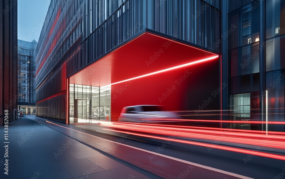 Poster modern architectural design featuring a striking red element and dynamic motion.