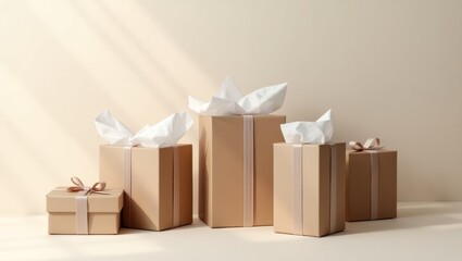 Mocha mousse gift boxes with tissue paper and ribbons creating a warm holiday atmosphere