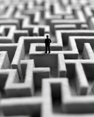 Businessman confronts intricate maze, representing professional life challenges and decision making