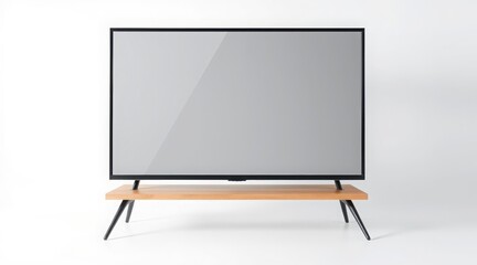 Modern flat-screen TV on a minimalist wooden stand against a white background