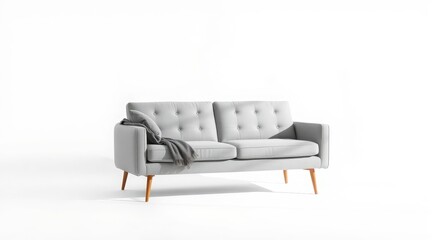 Fototapeta premium Stylish gray sofa with wooden legs and a cozy throw on a white background
