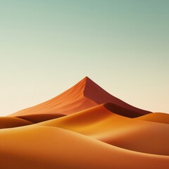 Serene Desert Landscape with Gentle Sand Dunes and a Majestic Mountain Peak Under a Clear Sky at Sunset, Capturing the Beauty of Nature's Formations