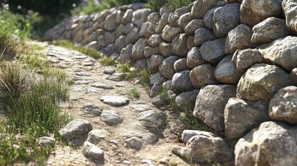 Fototapeta premium Scenic stone pathway surrounded by natural greenery invites tranquil walks through rural landscapes, emphasizing rustic charm and serene outdoor experiences.