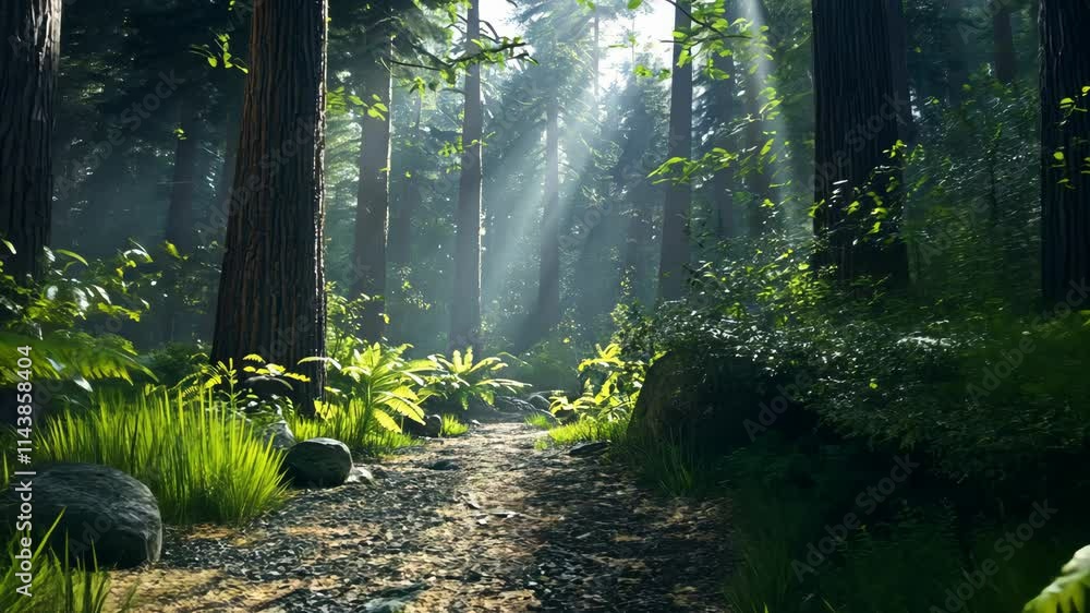 Aufkleber sunlight filtering through tall trees in a serene forest setting during a peaceful afternoon
