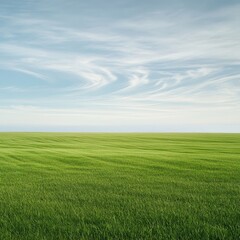 Obraz premium A Vast Green Field Under a Blue Sky with Wispy Clouds Reflecting Serenity and Freedom in Nature's Open Space, Ideal for Agriculture and Landscape Photography