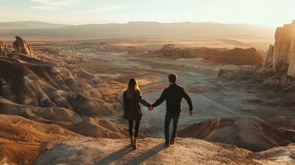 Couple holding hands overlooking a vast desert landscape at sunset.