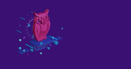 Pink owl symbol on a pedestal of abstract geometric shapes floating in the air. Abstract concept art with flying shapes on the left. 3d illustration on deep purple background