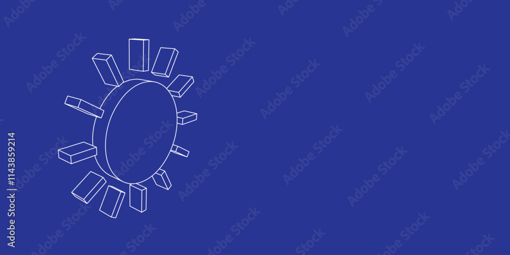 Poster the outline of a large sun made of white lines on the left. 3d view of the object in perspective. ve