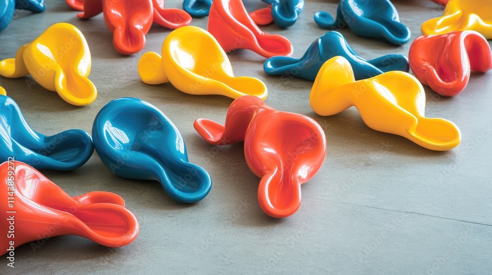 Poster vibrant assortment of colorful rubber sculptures arranged on a surface in dynamic patterns and shape