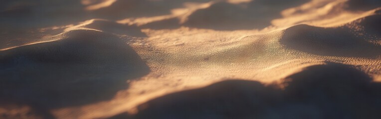 Soft light creates mesmerizing textures on sand dunes at golden hour in a tranquil desert landscape