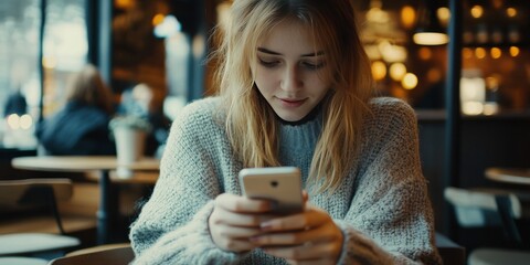 Close up view of a casual female using a smartphone in a cafe, showcasing the interaction with the smartphone while enjoying a leisurely moment at the cafe, emphasizing smartphone usage.