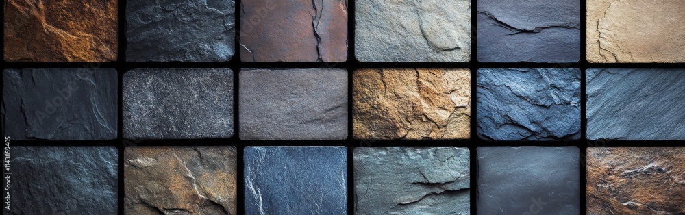Poster textured slate tiles featuring earthy tones create a natural and rustic flooring option for interior