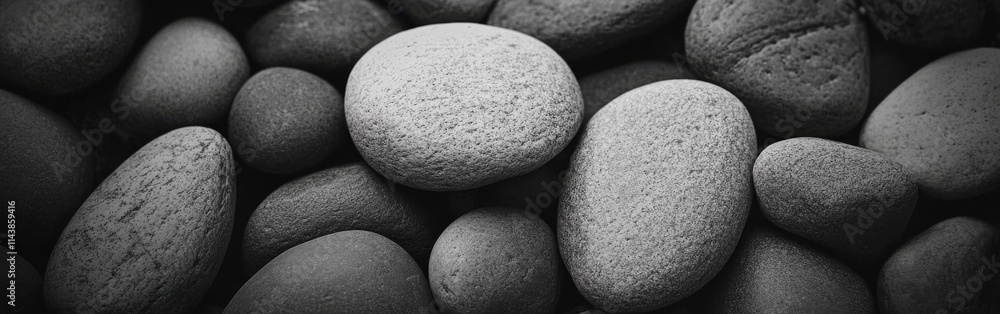 Poster textured photograph showcasing an arrangement of smooth pebbles in monochrome tones against a natura