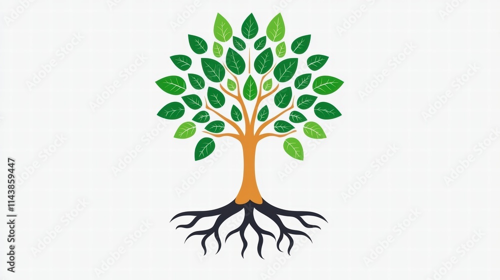 Poster clean and simple tree design with roots and green leaves for graphic projects