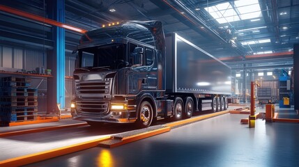 Modern Black Truck in Industrial Warehouse Under Bright Lights with Clear Sky Windows and Organized Storage Spaces