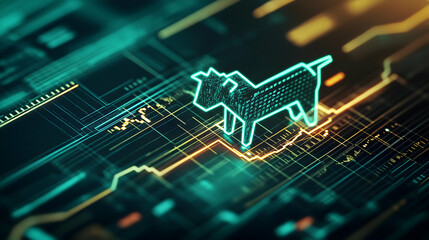 A digital illustration features a glowing dog silhouette against a futuristic, data-driven background, highlighting technology and animal themes.
