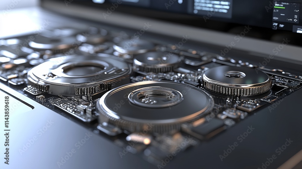 Poster close-up of a mechanical device featuring intricate circular components and a sleek surface.