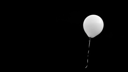 Minimalist White Balloon Floating Against a Black Background, Perfect for Celebrations, Parties, and Artistic Concepts of Simplicity and Elegance.