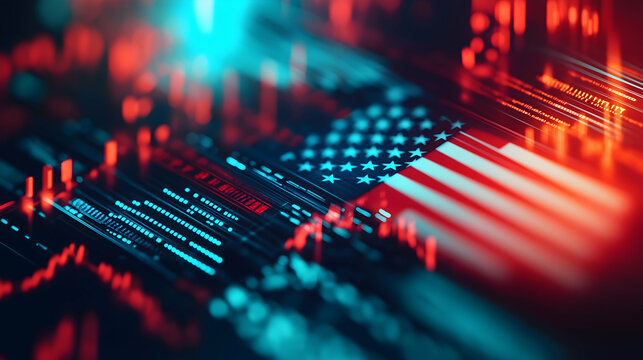 A digital representation of the American flag, intertwined with data streams and glowing elements, symbolizing technology and patriotism.