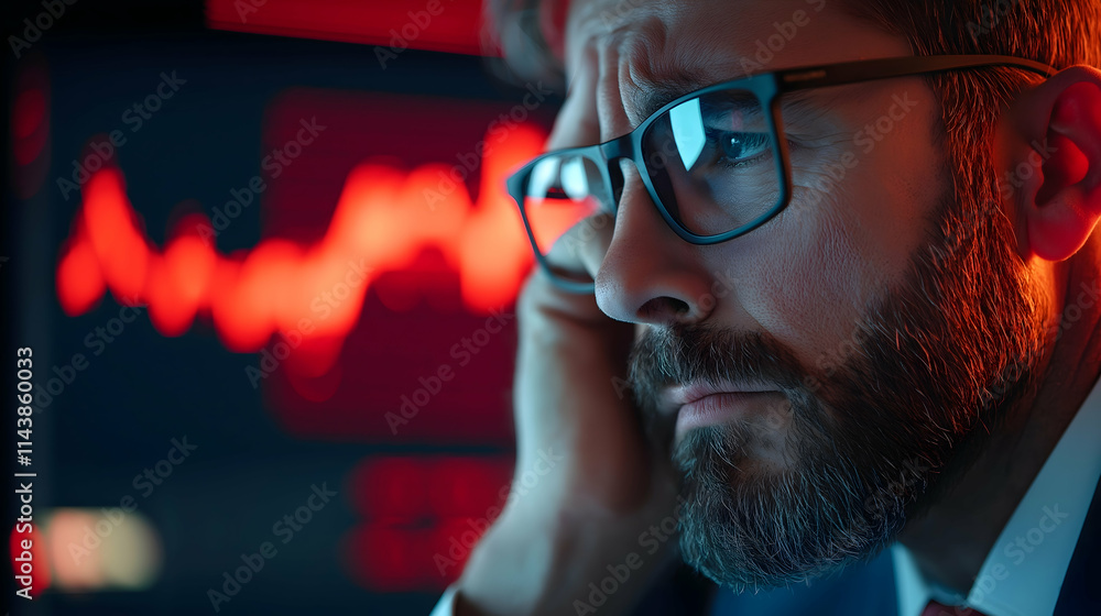 Poster a focused man in glasses appears stressed while analyzing financial data on a screen, illuminated by