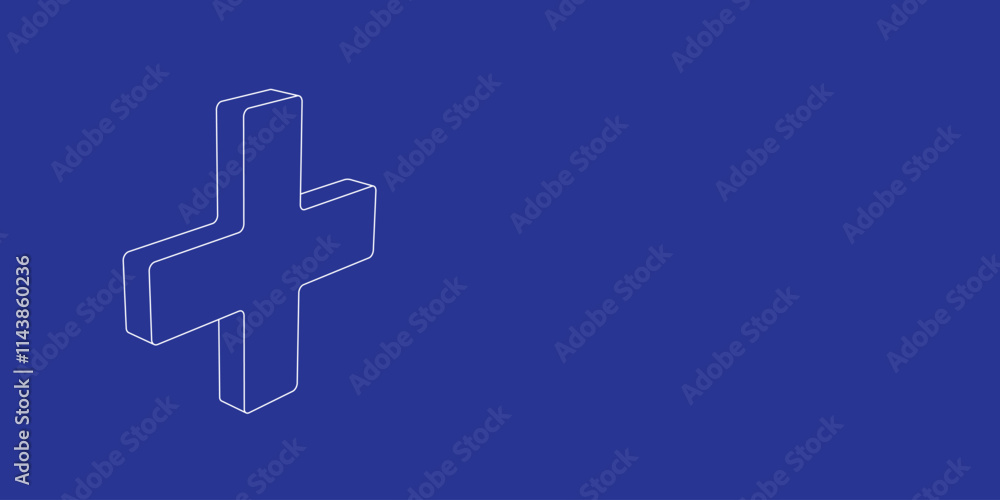 Poster the outline of a large plus symbol made of white lines on the left. 3d view of the object in perspec