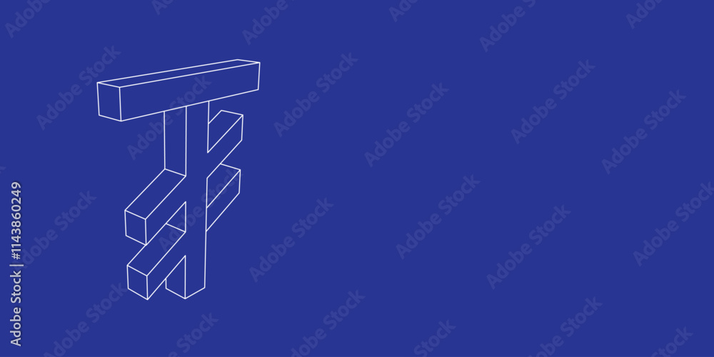 Poster the outline of a large tugrik symbol made of white lines on the left. 3d view of the object in persp
