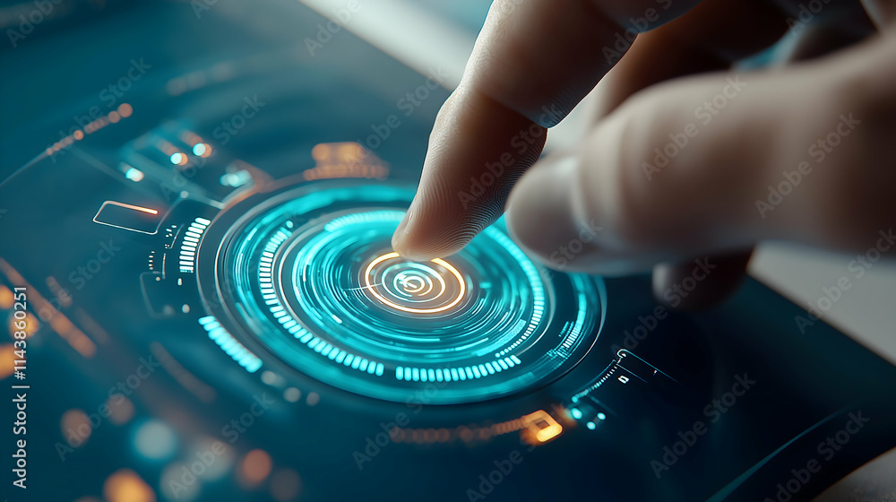 Poster a futuristic hand interacts with a glowing digital interface, showcasing advanced technology and use