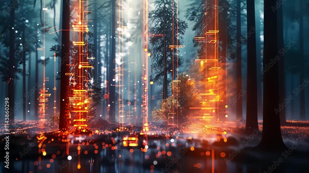 Aufkleber glowing digital lines and particles illuminate a futuristic forest, creating a mesmerizing blend of 