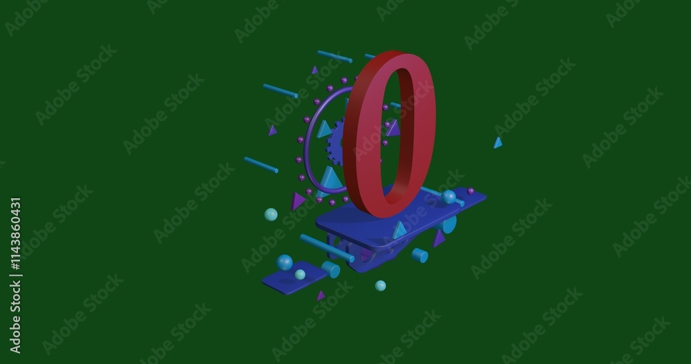 Poster red number zero symbol on a pedestal of abstract geometric shapes floating in the air. abstract conc