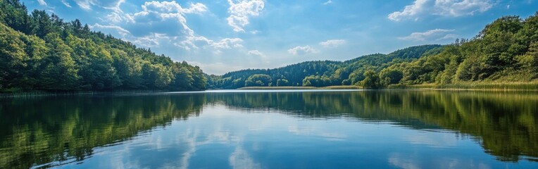 Mountain lake reflects vibrant blue sky and lush green forests under soft sunlight during a tranquil day